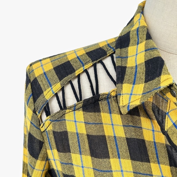 Free People Gauzy Plaid Lace Up Button Down Top Yellow Size S - Picture 4 of 9